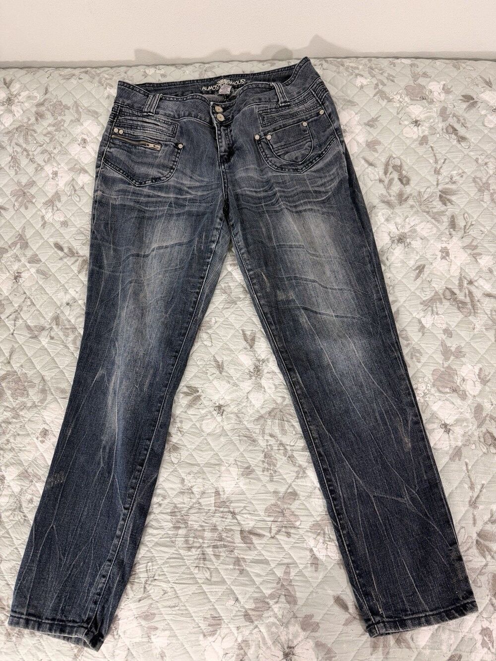 Almost Famous Jeans Womens 18 Y2K Distressed Whiskered Straight Leg Ramie Denim